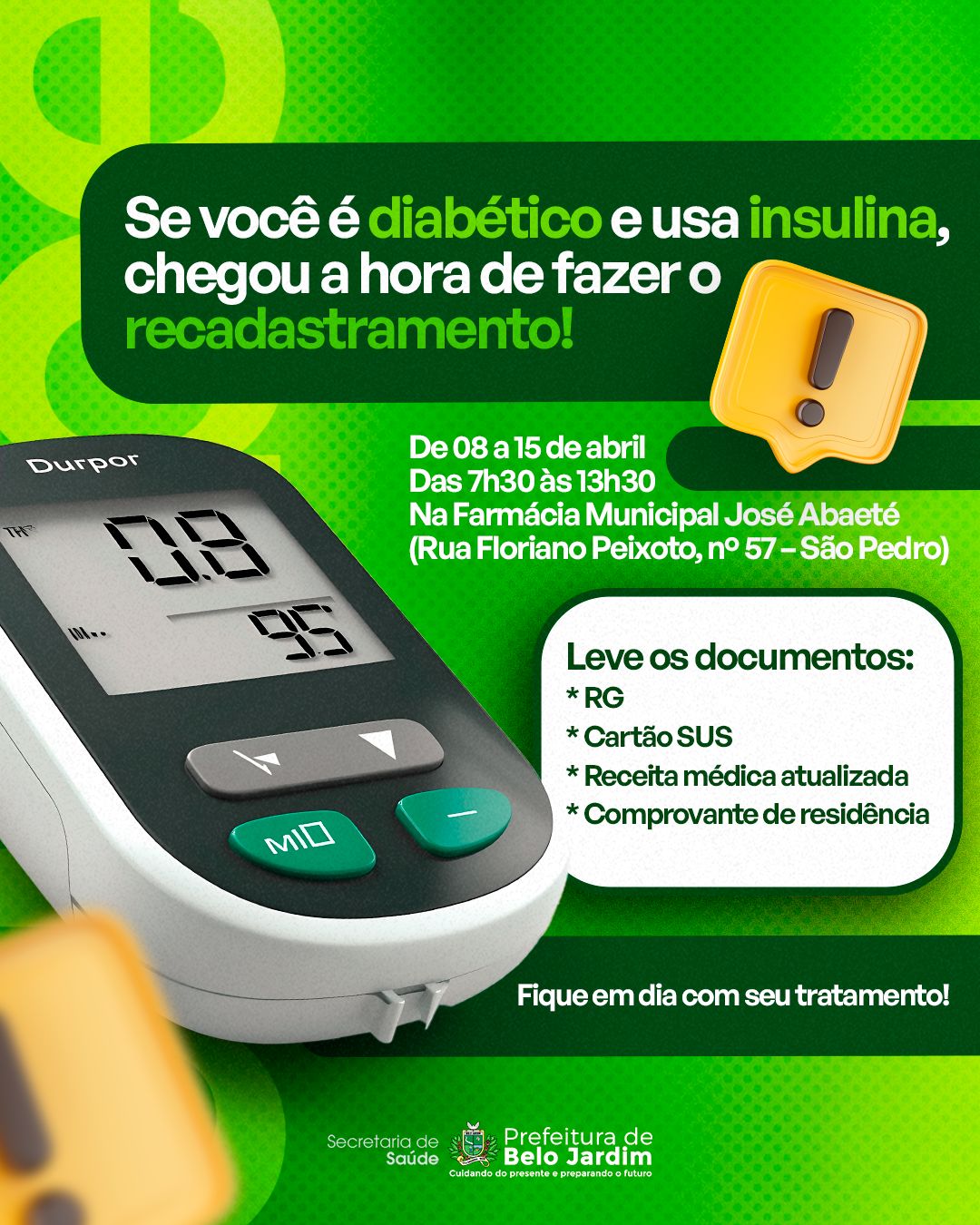 Prefeitura de Belo Jardim inicia, nesta terça-feira (8), o recadastramento de pacientes diabéticos que utilizam insulina